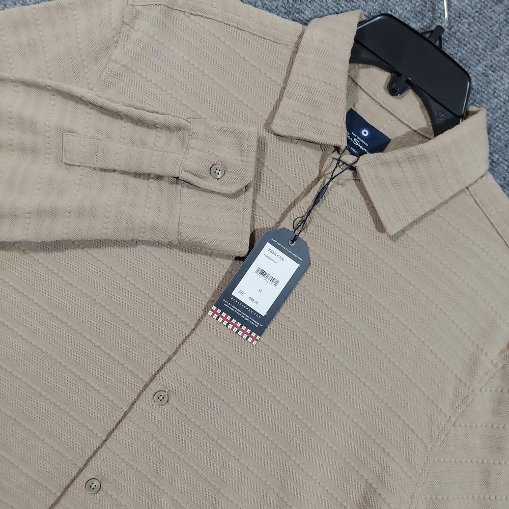 Ben Sherman Shirt Mens Medium Beige Stripe Knit‎ Long Sleeve Button Up Casual